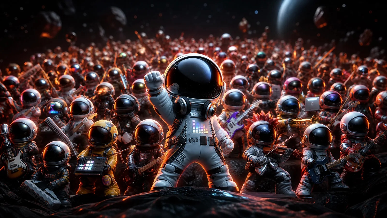 A chibi astronaut leader with fist raised in front of an army of unique chibi astronaut musicians, every visor opaque